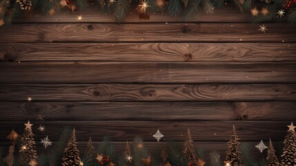 Old wood background with fir branches. Space for a greeting message. Neural network ai generated art