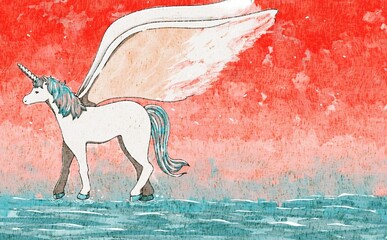 ユニコーン　ファンタジー　夕暮れ　水彩　風景