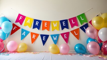 Colorful Farewell Party Decorations with Banners and Balloons
