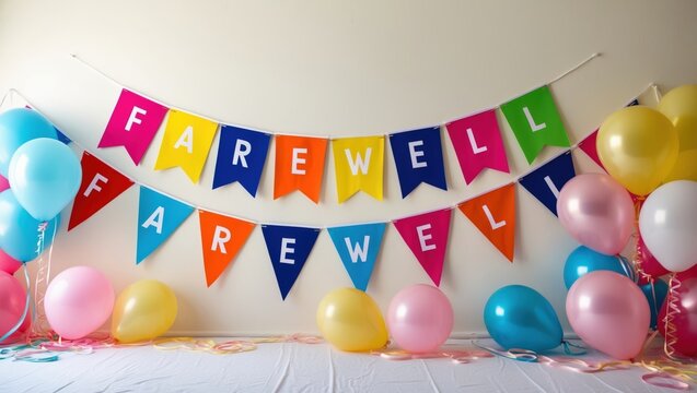 Colorful Farewell Party Decorations with Banners and Balloons
