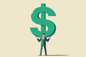 Illustration of a businessman holding a giant dollar sign, symbolizing financial success, wealth, and economic growth.