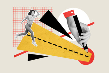 Composite collage image of funny female running road writing story hand hold pencil fantasy...
