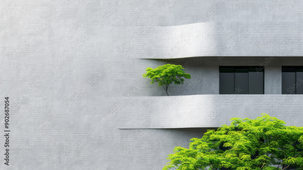 Aufkleber a modern building facade featuring a unique design element and greenery, showcasing the harmony betw
