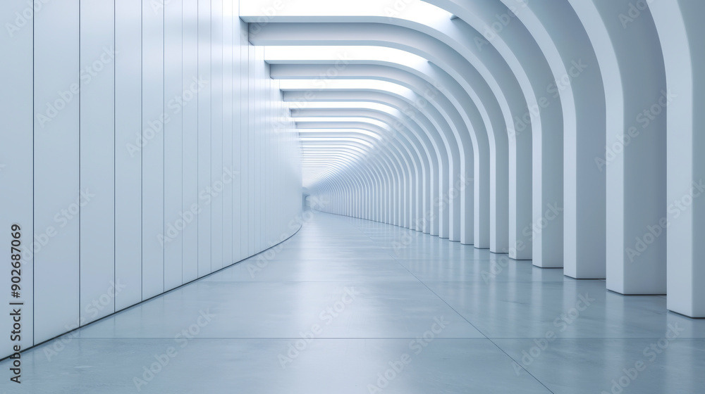 Poster a modern corridor with sleek lines and minimalist design, showcasing an illuminated pathway that inv