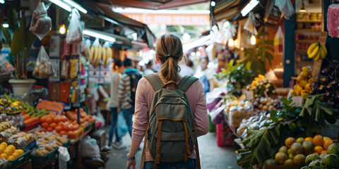 Obraz premium caucasian woman. A woman with a backpack walks through a bustling Asian market filled with colorful fruits and vegetables.