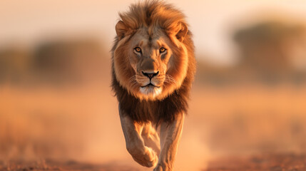 Majestic lion running across the golden savannah, showcasing power and grace in a stunning wildlife moment.