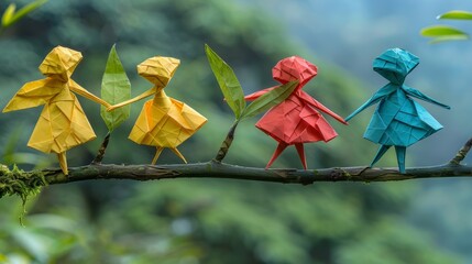 origami artistry, origami figures on bamboo symbolize compassion sustainability on world vegetarian day, conveying a festive spirit