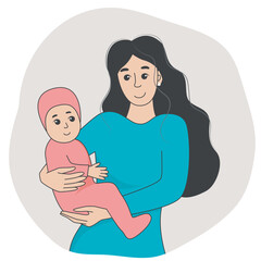 Happy smiling mother holding her baby lovingly in her arms. Mom and daughter together. Beautiful woman happy in motherhood, parent and child, vector graphics