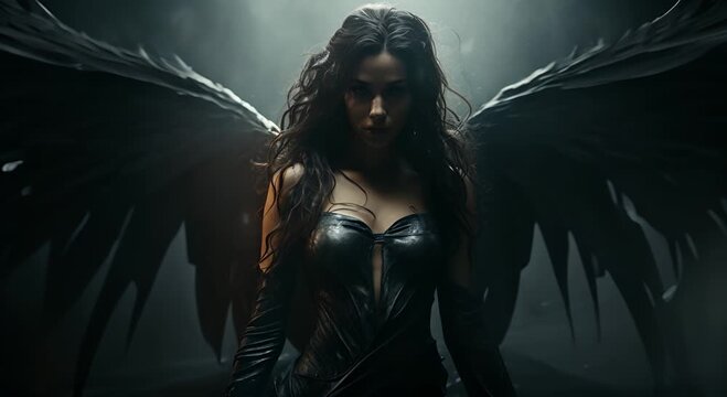 Dark angel in a beautiful female figure with wings on a dark background