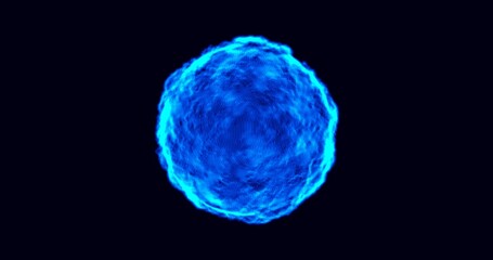 An abstract blue glowing sphere with the image of a virus or celestial body. Concepts such as technology and information communication.