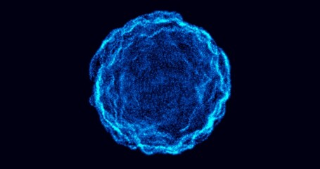 An abstract blue glowing sphere with the image of a virus or celestial body. Concepts such as technology and information communication.