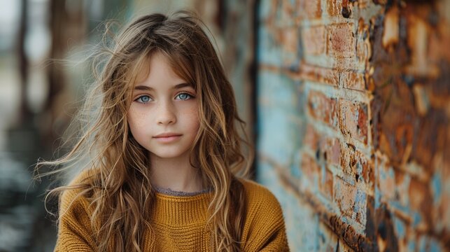 A young girl stands poised against a brick wall, her hair playfully tousled by the wind