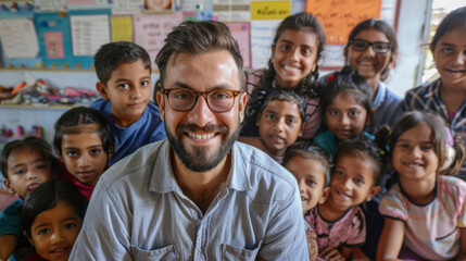 Fototapeta premium Teacher with diverse students smiling