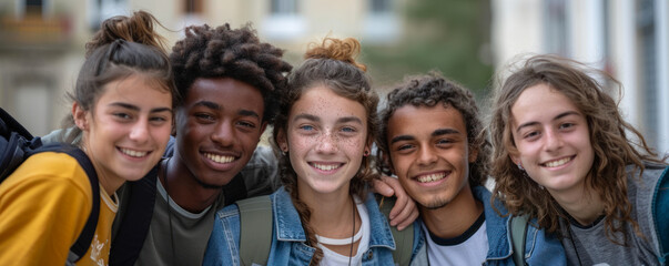 Group of happy teenagers smiling outdoors in casual attire.