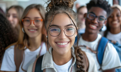 Fototapeta premium Happy diverse students posing together outdoors.