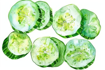 Obraz premium Fresh Organic Cucumber Slices Set. Watercolor Illustration Isolated on White Background