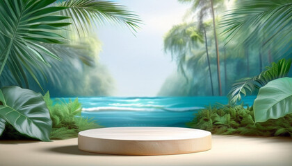 Obraz premium Summer Product Display Showcased on a Rustic Wooden Podium Set Against the Backdrop of a Tropical Beach with Crystal Clear Sea, Highlighting the Seasonal Product in a Relaxing Coastal Environment