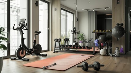 Fototapeta premium A minimalist home gym with a yoga mat, free weights, a stationary bike, and a large mirror on one wall.