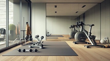 Obraz premium A minimalist home gym with a yoga mat, free weights, a stationary bike, and a large mirror on one wall.