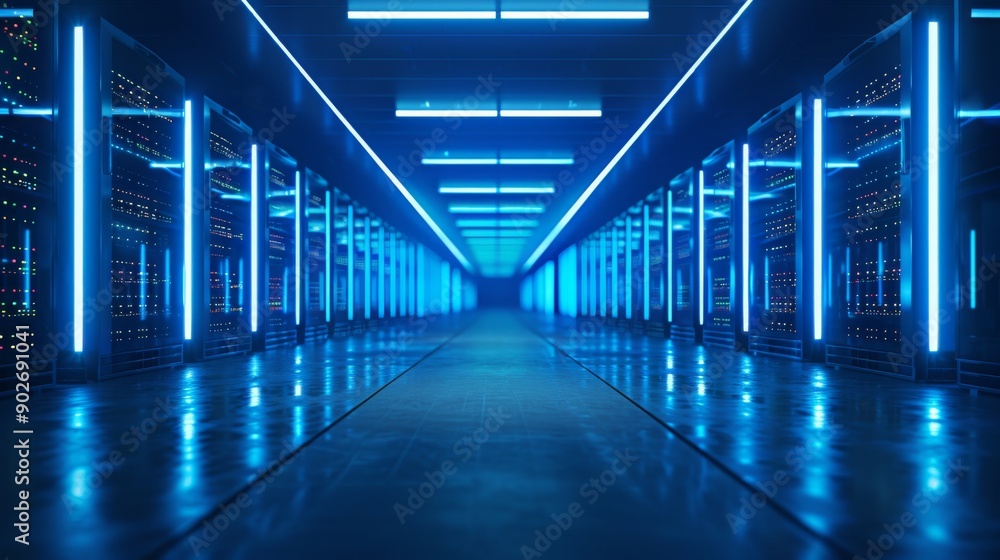 Poster futuristic tech hub with servers and neon lights in 3d rendering, digital infrastructure backbone fo