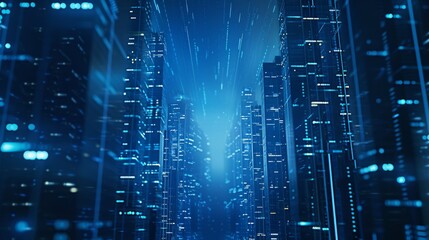 Futuristic Digital Cityscape with Neon Blue Lights and Data Streams Flowing Through Buildings