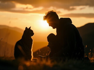 Silhouette of young man sitting outdoors in nature with his lovely cat at sunset, AI generated image. Evening tranquility: Person and cat silhouettes relax in sunset's embrace.