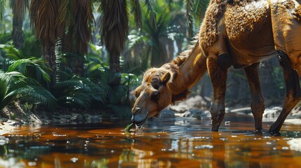 Obraz premium Camel Drinking from a Waterhole in a Lush Oasis