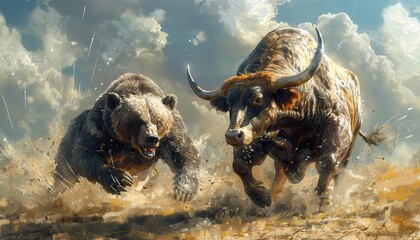 A Grizzly Bear Chases a Charging Bull in a Dramatic Rural Landscape Under Bright Blue Sky