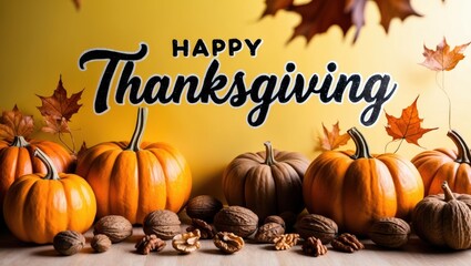 Happy Thanksgiving with Pumpkins and Autumn Leaves
