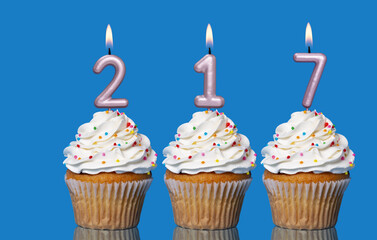 Birthday Cupcakes With Candles Lit Forming The Number 217