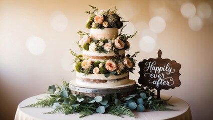 Elegant Wedding Cake with Floral Decorations and "Happily Ever After" Sign
