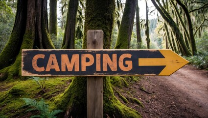 Camping Sign in Lush Forest with Arrow
