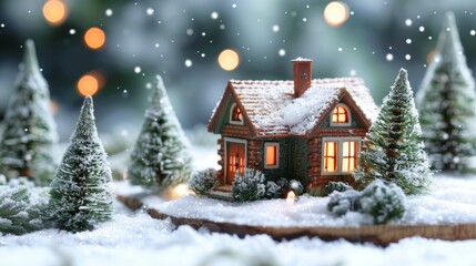 Fototapeta premium Christmas house in winter snowy forest. Xmas banner and poster. Snow-covered miniature house with warm lights, surrounded by snow and decorated trees, creating a magical winter night scene