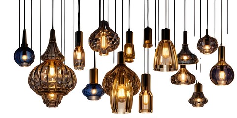 Obraz premium Set of expensive different stylish chandelier lamps isolated on transparent background. Generative AI