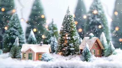 Christmas house in winter snowy forest. Xmas banner and poster. Snow-covered miniature house with warm lights, surrounded by snow and decorated trees, creating a magical winter night scene