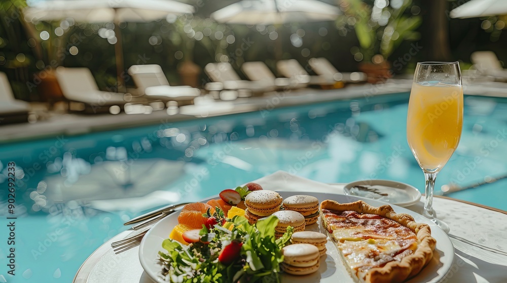 Poster A plate of food is set on a table next to a pool