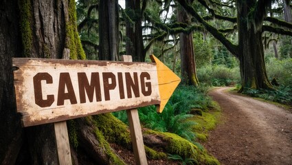 Camping Sign Pointing Towards Forest Trail
