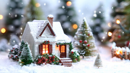 Christmas house in winter snowy forest. Xmas banner and poster. Snow-covered miniature house with warm lights, surrounded by snow and decorated trees, creating a magical winter night scene