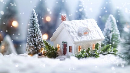 Christmas house in winter snowy forest. Xmas banner and poster. Snow-covered miniature house with warm lights, surrounded by snow and decorated trees, creating a magical winter night scene
