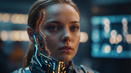 Female Cyborg in Futuristic Control Room
