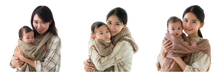 Set of Asian mother holding her baby close, wrapped in a soft blanket isolated on transparent background  (4)
