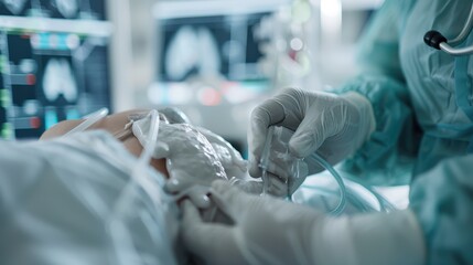 Medical team providing critical care to a patient in an intensive care unit, focusing on crucial medical intervention and monitoring vital signs to stabilize the patient’s condition.