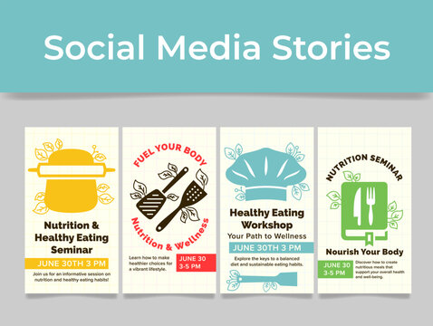 Nutrition healthy eating seminar wellness social media stories design template set vector flat