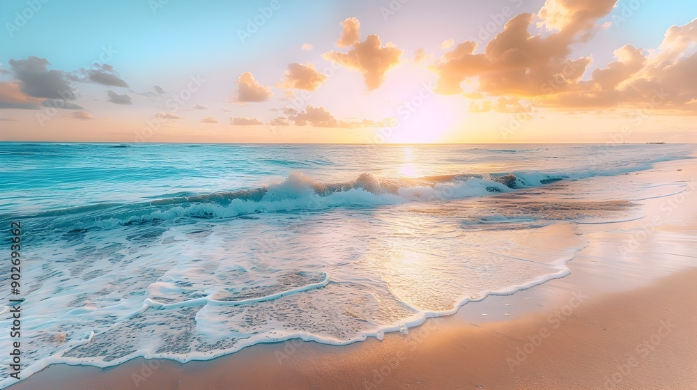 Wall mural Serene Turquoise Beach with Captivating Golden Sunset and Gentle Waves