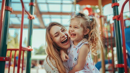 Mother and daughter having fun while playing at an airport playground area