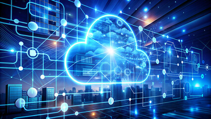 Fototapeta premium Futuristic cloud computing concept with glowing digital elements over a vibrant cityscape. Dynamic illustration of cloud technology and urban synergy, visualized with vibrant colors.