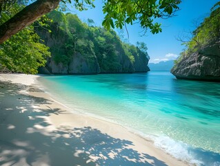 Secluded Tropical Cove with White Sandy Beach and Lush Vegetation by Calm Blue Waters