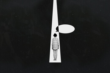 Composite collage image of little female speech bubble stage talking performance black white...