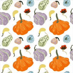 Bright pumpkins of different varieties seamless pattern in cartoon style.