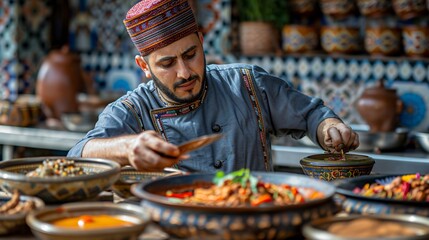 Chef Arranging Traditional Middle Eastern Dishes